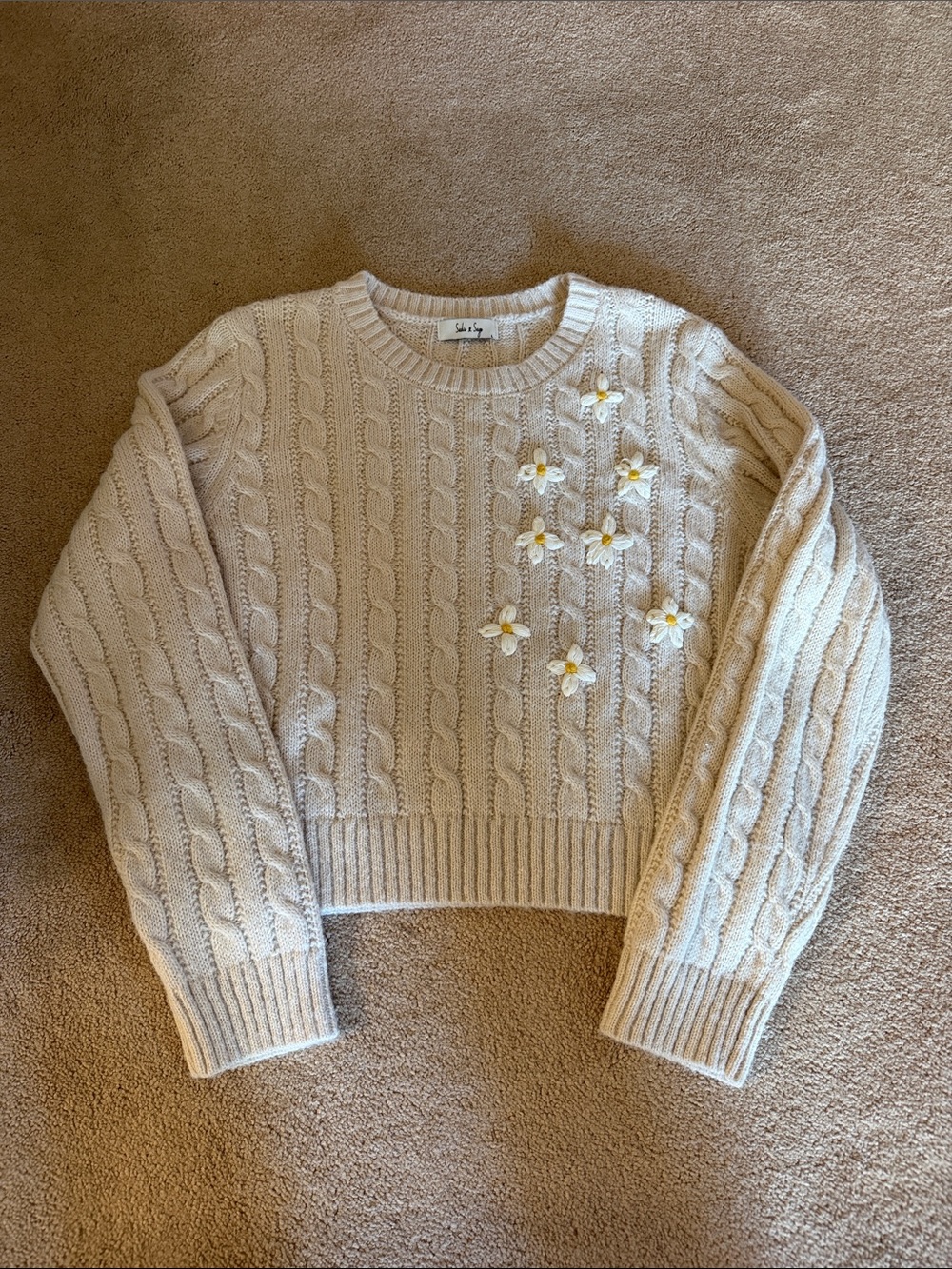 Sadie & Sage Cream Cable Knit Crewneck Sweater with Daisy Appliqués